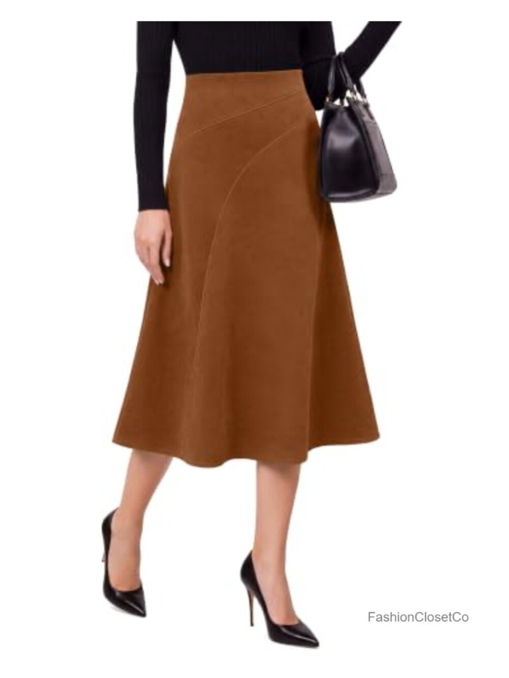 High Waisted Faux Suede A Line Midi Skirt Faux Suede Stretch